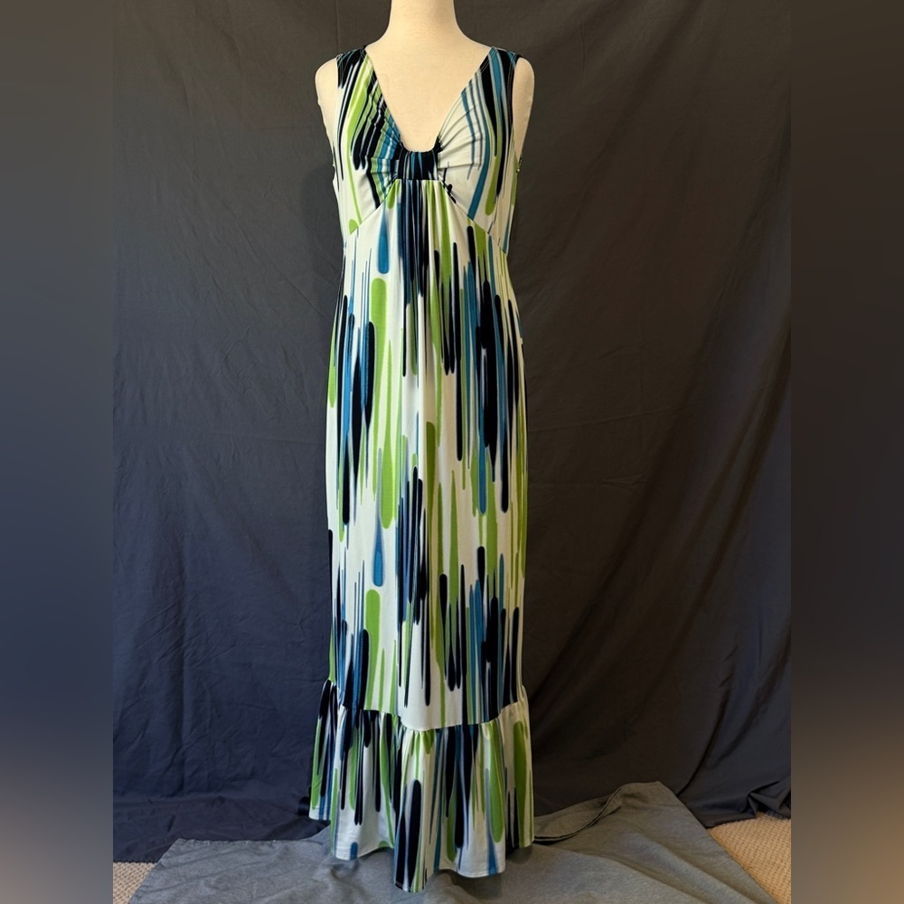 Jonathan Martin Vtg 90’s Abstract Maxi Dress Sz 12 Blue Green Watercolor Ruffle